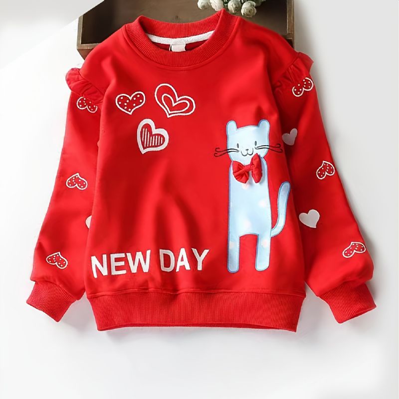 Barns Flickor Cat Heart Print Pullover Rund Neck Långärmad Sweatshirt Barnkläder