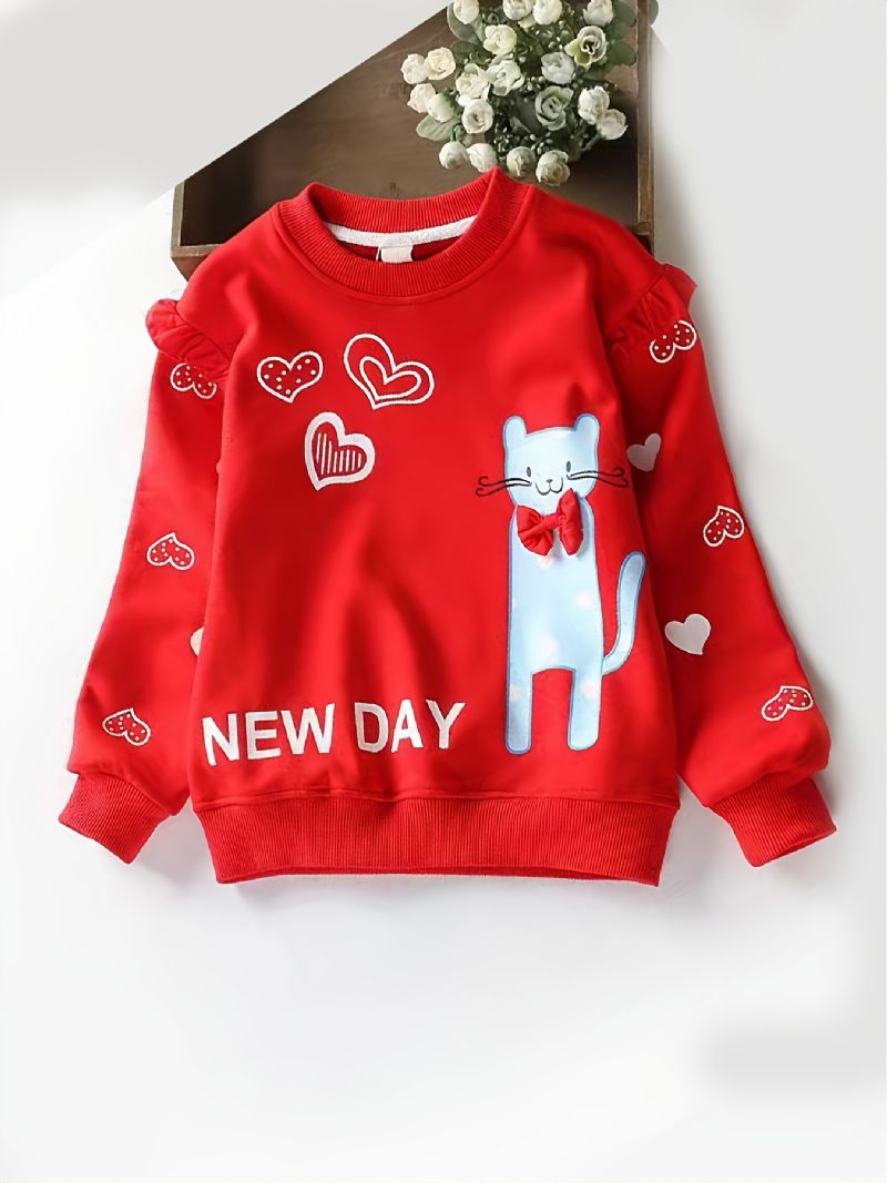 Barns Flickor Cat Heart Print Pullover Rund Neck Långärmad Sweatshirt Barnkläder