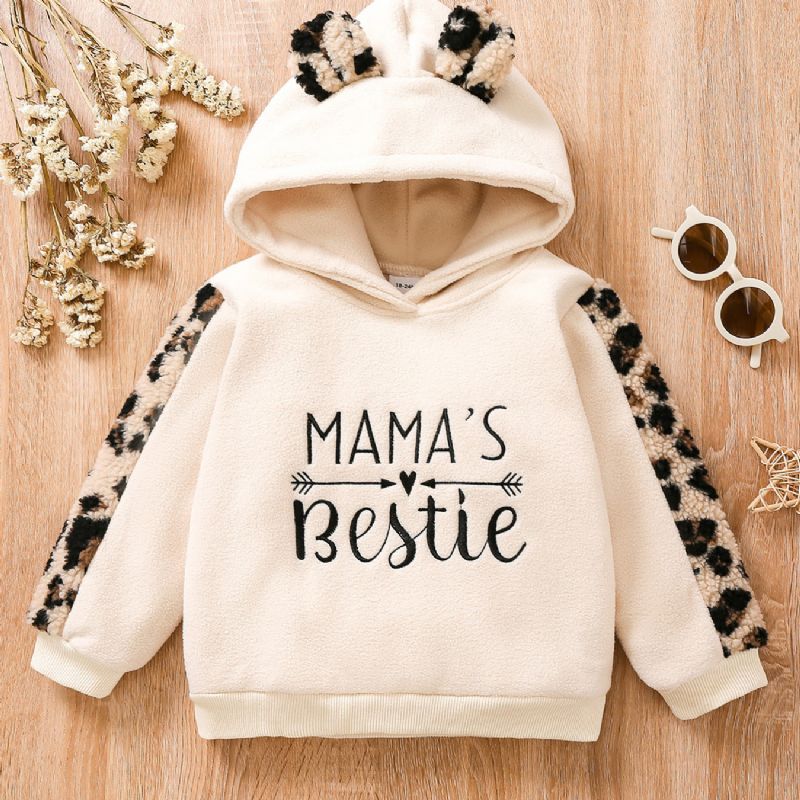 Bebis Flickor Leopard Ear Hoodie Mama's Bestie Little Print Långärmad Pullover Sweatshirt Barnkläder