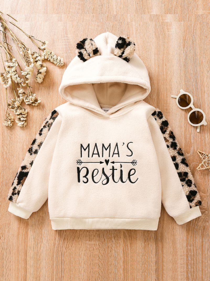 Bebis Flickor Leopard Ear Hoodie Mama's Bestie Little Print Långärmad Pullover Sweatshirt Barnkläder