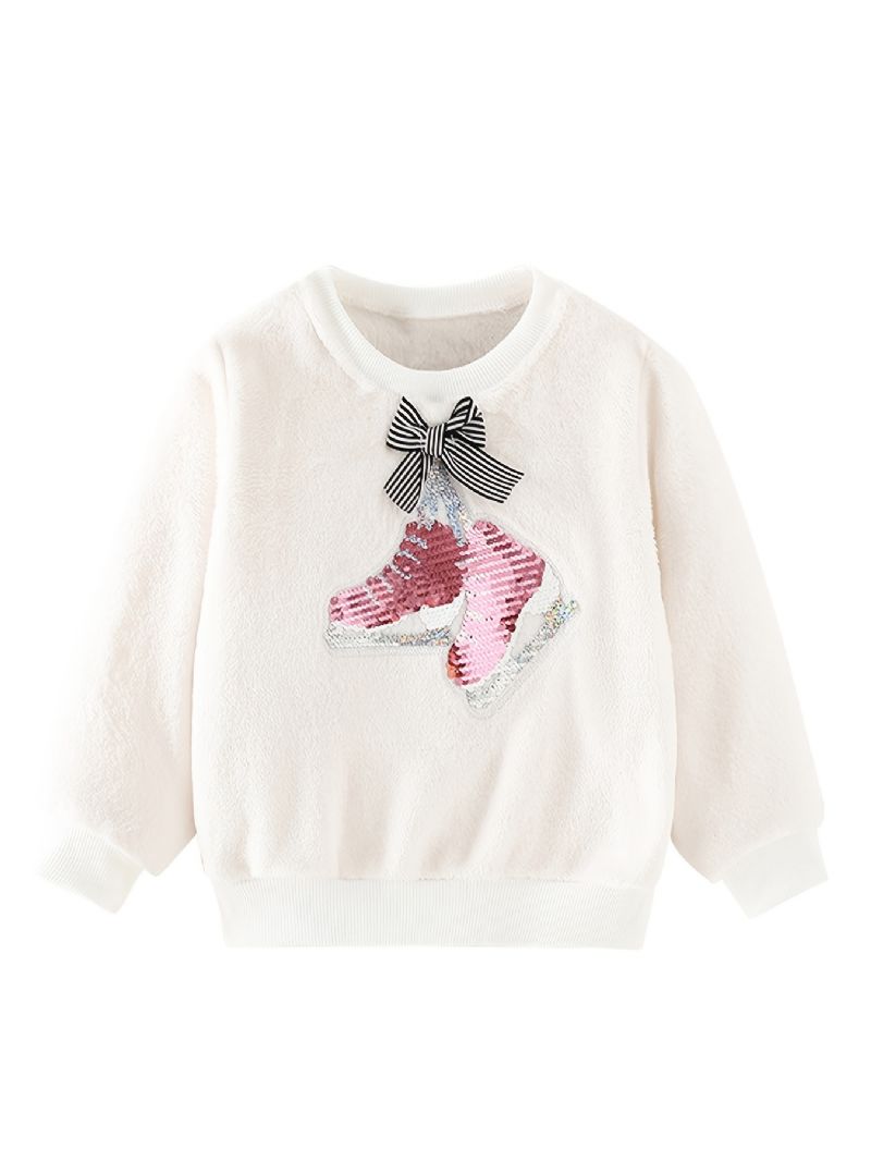 Bebis Flickor Pullover Skor Paljetter Rosett Dekor Velvet Rund Hals Sweatshirt