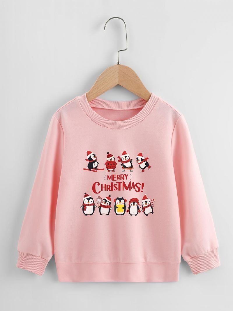 Christmas Flickor Stickad Cartoon Penguin Print Långärmad Crew Neck Sweatshirt