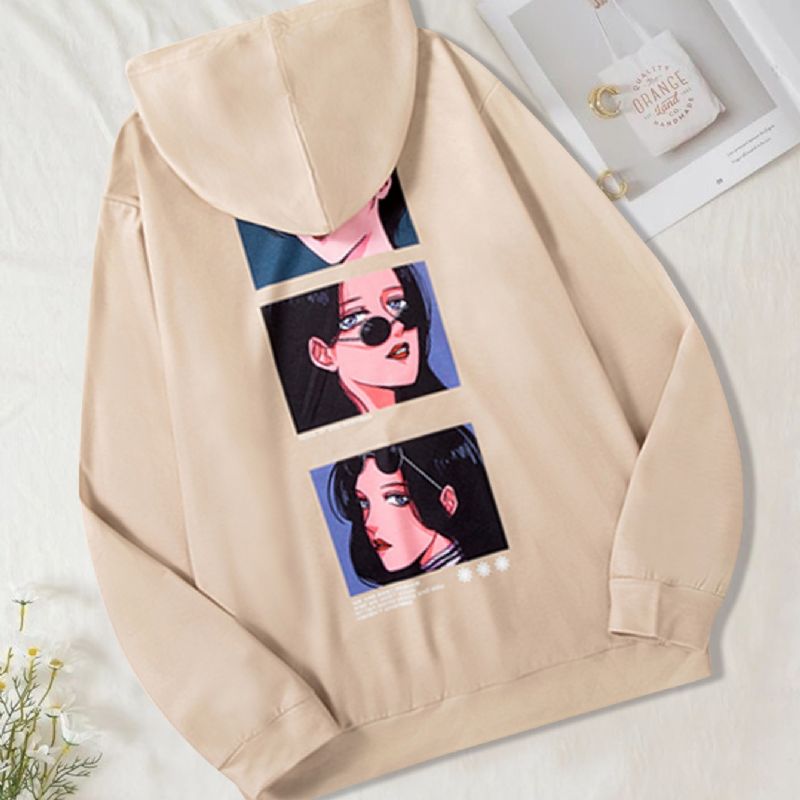 Damtröja Casual Anime Flickor Head Print Långärmad Mode Lös Hoodie