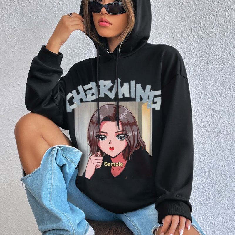 Damtröja Casual Hooded Anime Flickor Print Mode Lös Hoodie