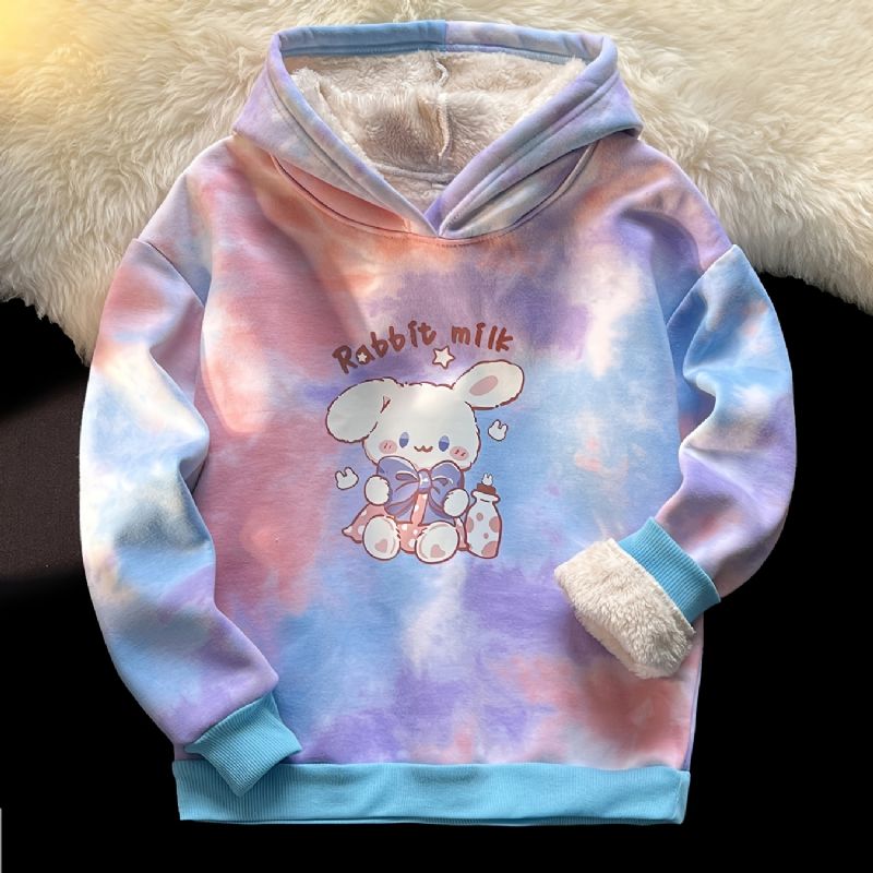 Flicka Fleece Tie Dye Hoodie Barnkläder Med Tecknat Tryck