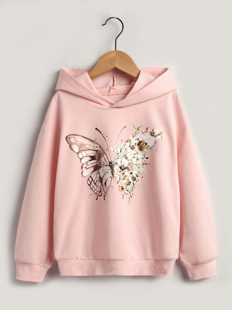 Flickor Casual Butterfly Print Rosa Långärmad Rund Hals Hoodie Kläder