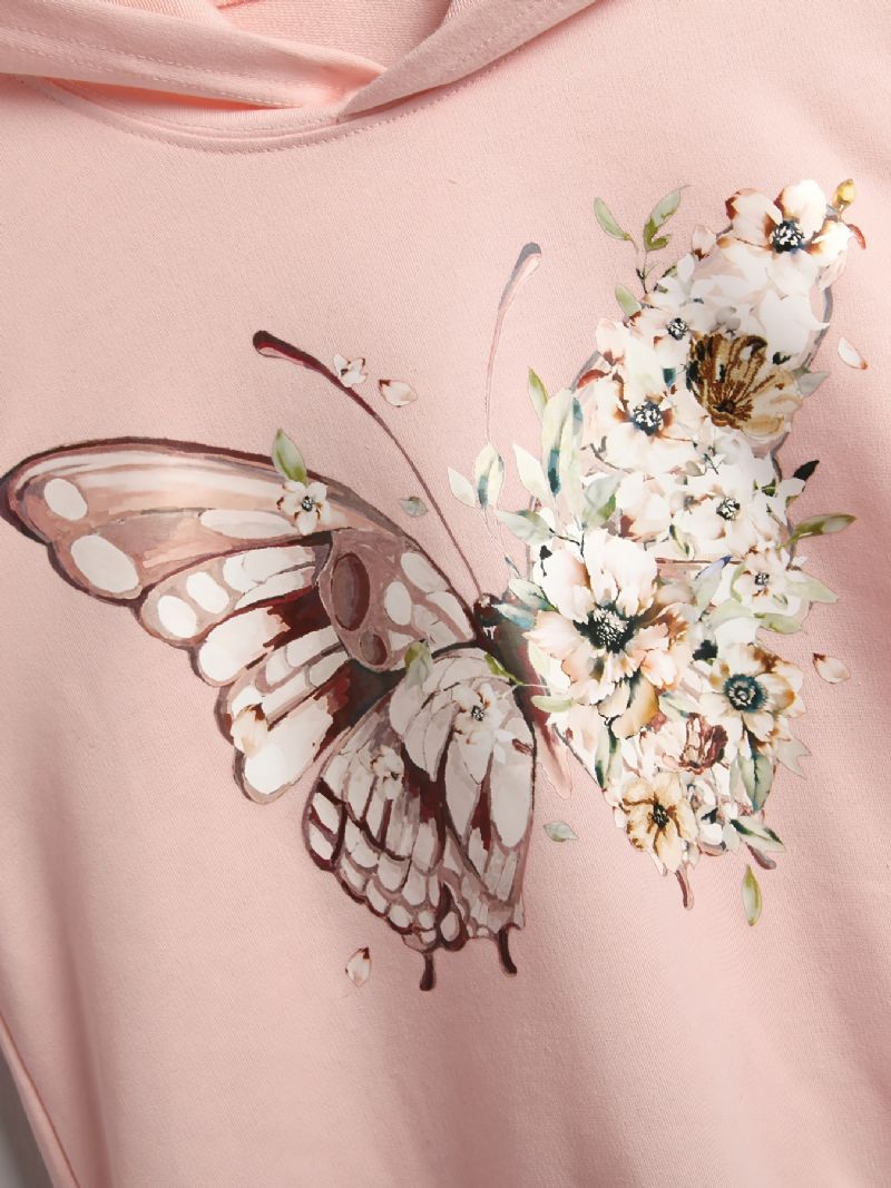 Flickor Casual Butterfly Print Rosa Långärmad Rund Hals Hoodie Kläder