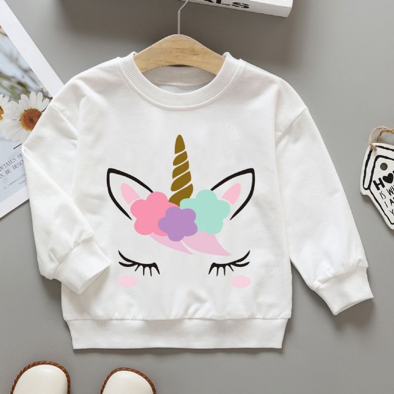 Flickor Pullover Cartoon Unicorn Print Rund Hals Långärmad Sweatshirt