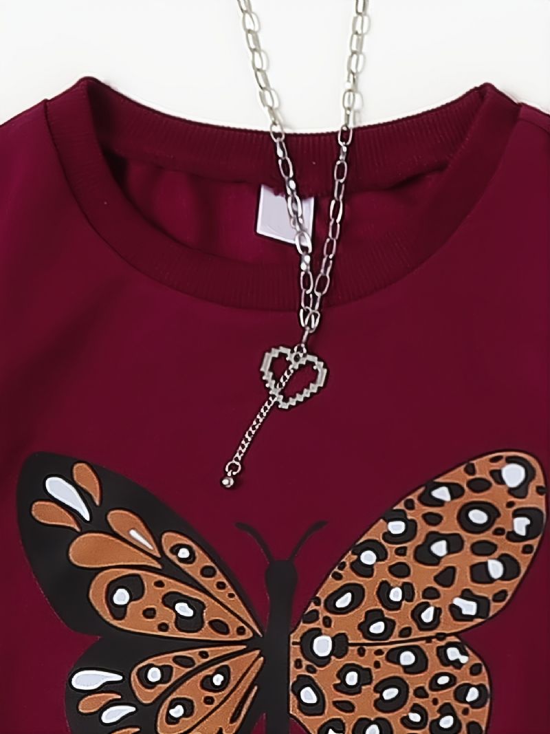 Höst & Vinter Småbarn Flickor Butterfly Print Casual Solid Tröja Med Rund Hals