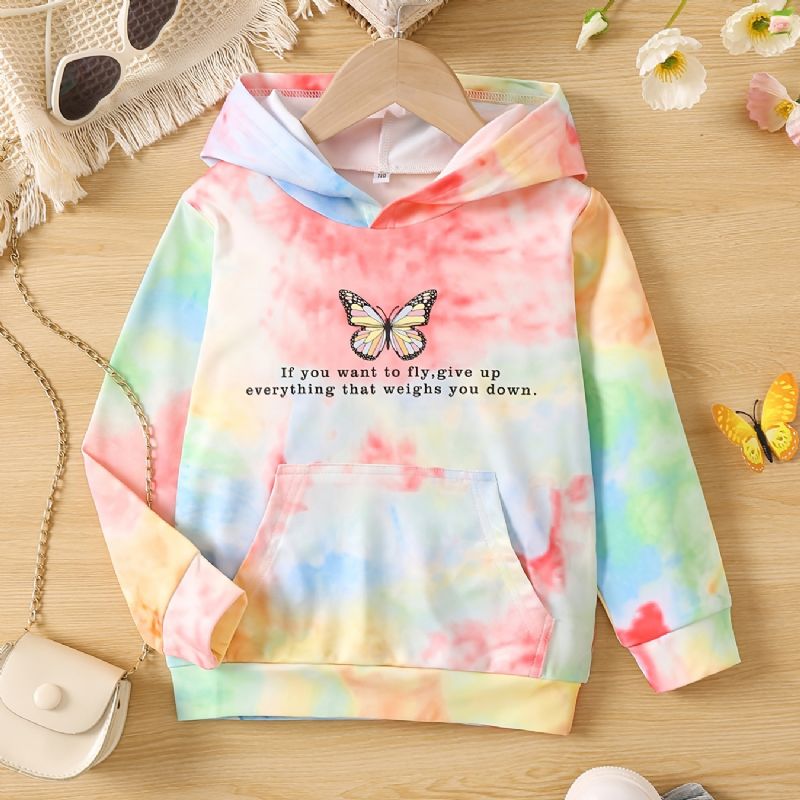 Hoodie För Flickor Casual Mode Butterfly Letter Print Tie Dye