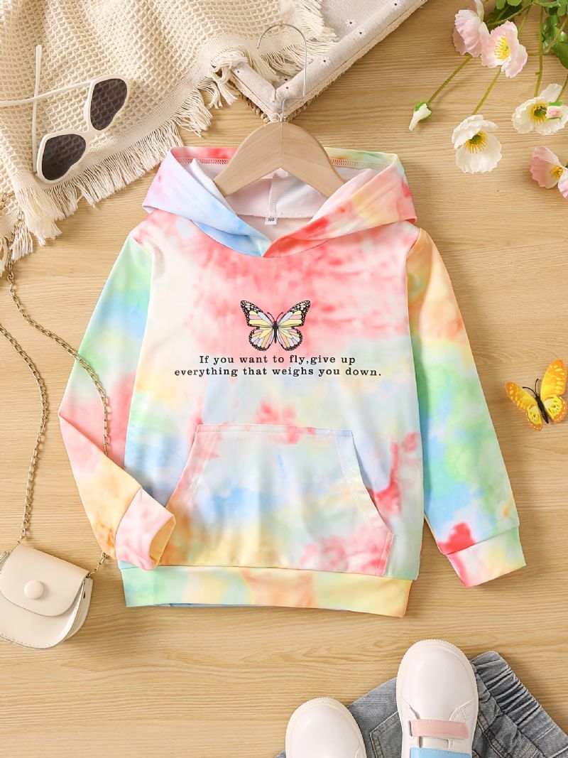 Hoodie För Flickor Casual Mode Butterfly Letter Print Tie Dye