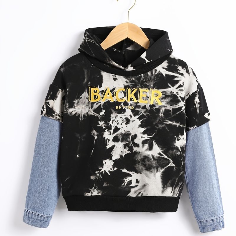 Pojkar Bomull Denim Patchwork Casual Hoodie Barnkläder För Vintern Nytt