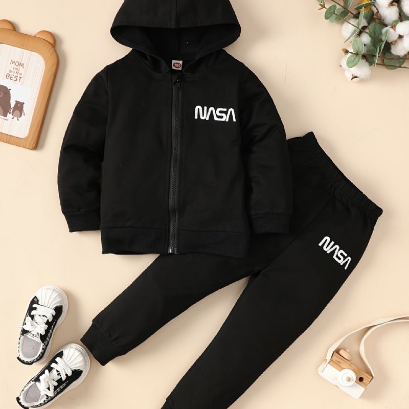 Pojkar Brev Broderad Dragkedja Hoodie + Träningsbyxor Set Barnkläder