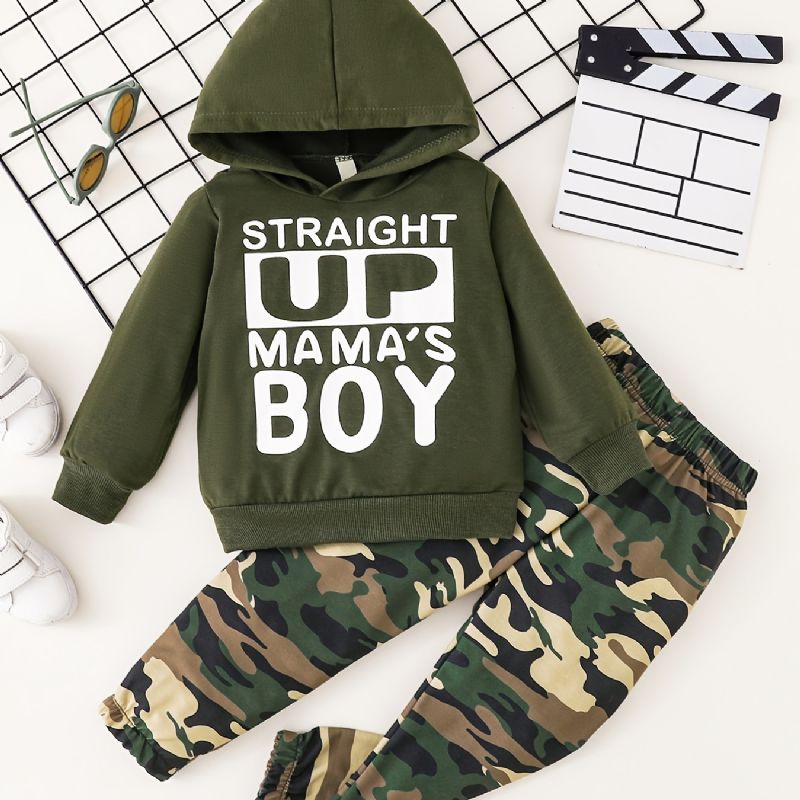 Pojkar Casual Hoodie Med Slogan + Camo Byxor För Höst & Vinter Nya Barnkläder