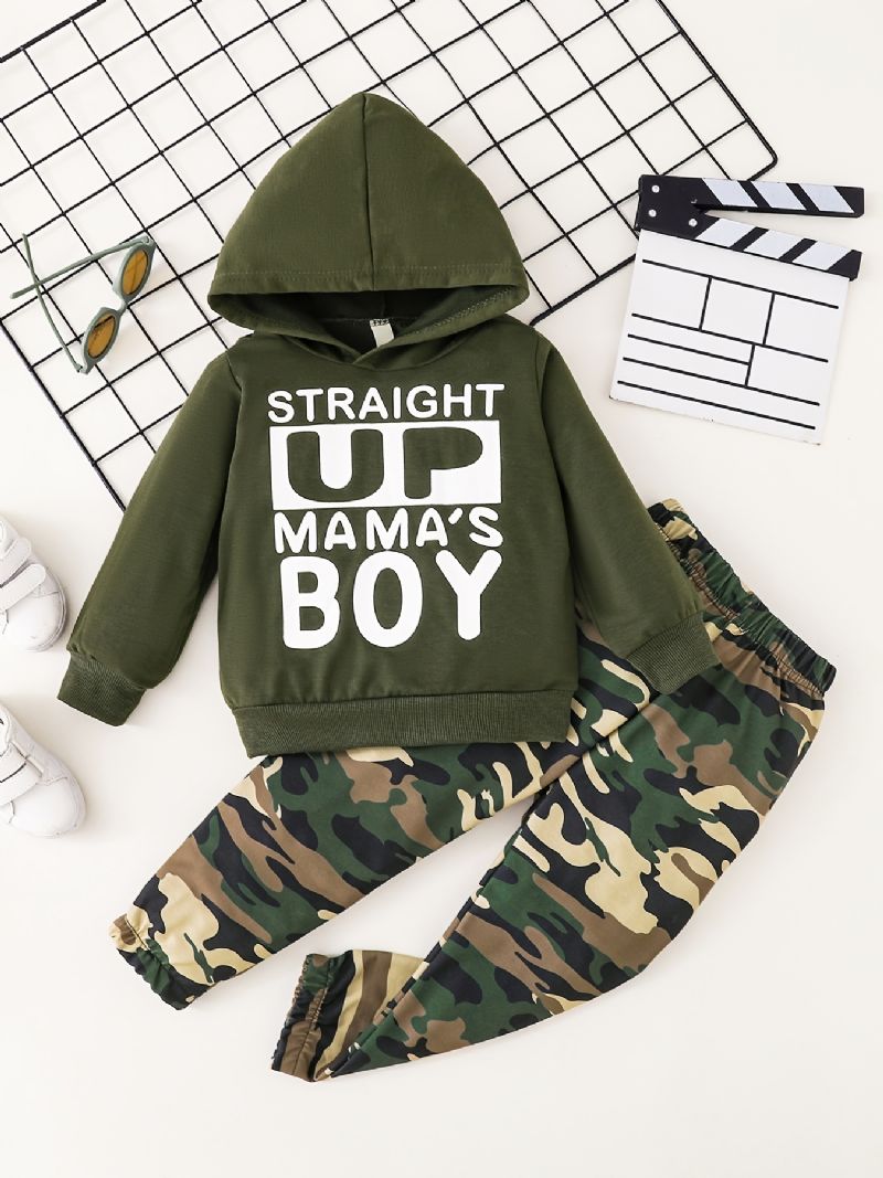 Pojkar Casual Hoodie Med Slogan + Camo Byxor För Höst & Vinter Nya Barnkläder