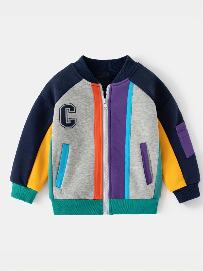 Pojkar Casual Letter Kontrast Stativ Krage Dragkedja Fleece Baseball Kappa Jacka Höst Vinter