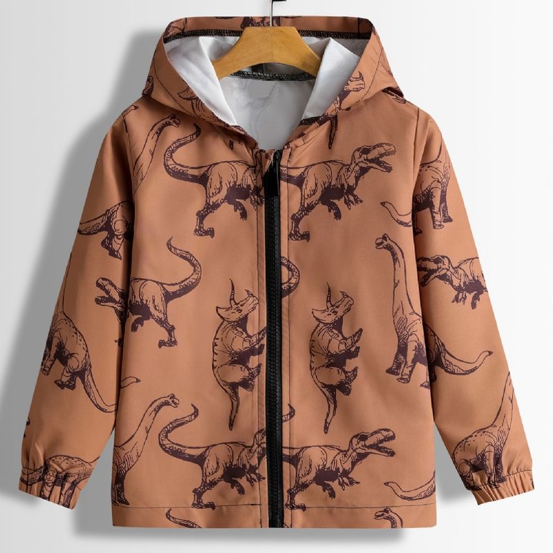 Pojkar Jacka Casual Cartoon Dinosaur Print Hooded Zipper