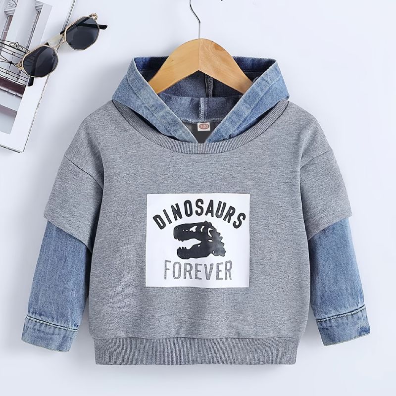 Pojkar Luvtröja Tecknad Dinosaurie Brevtryck Denim Splicing Pullover Sweatshirt Barnkläder