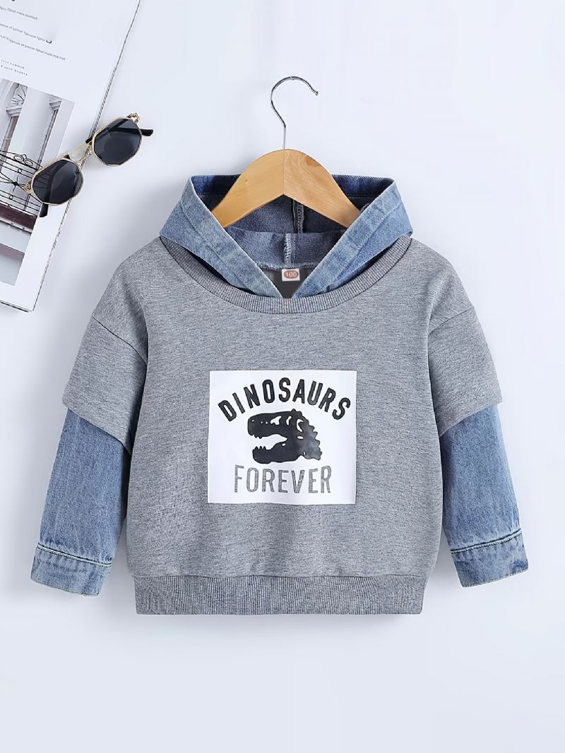 Pojkar Luvtröja Tecknad Dinosaurie Brevtryck Denim Splicing Pullover Sweatshirt Barnkläder