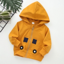 Pojkar Patch Car Print Zip Jacka Winter Warm Hoodie