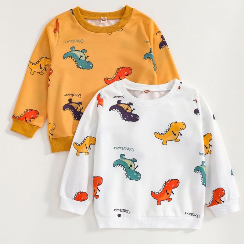 Sweetshirt För Pojkar Tecknad Färgglad Dinosaurie-tröja Gul & Vit