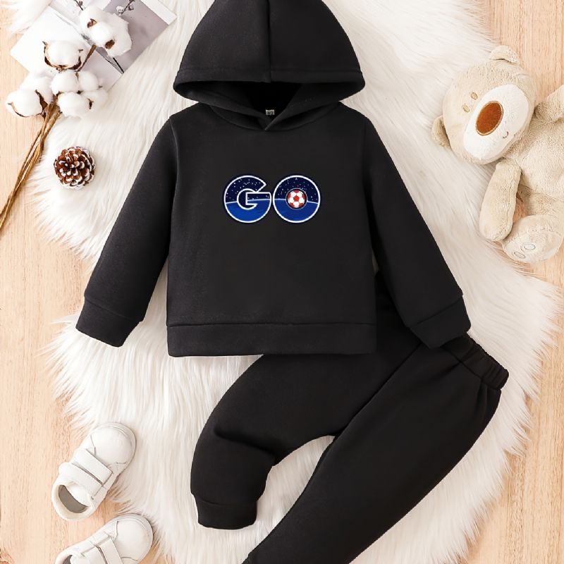 Toddler Bebis Go Print Fleece Varm Hoodie Sweatshirt Byxor Set För Pojkar Flickor Höst Vinter