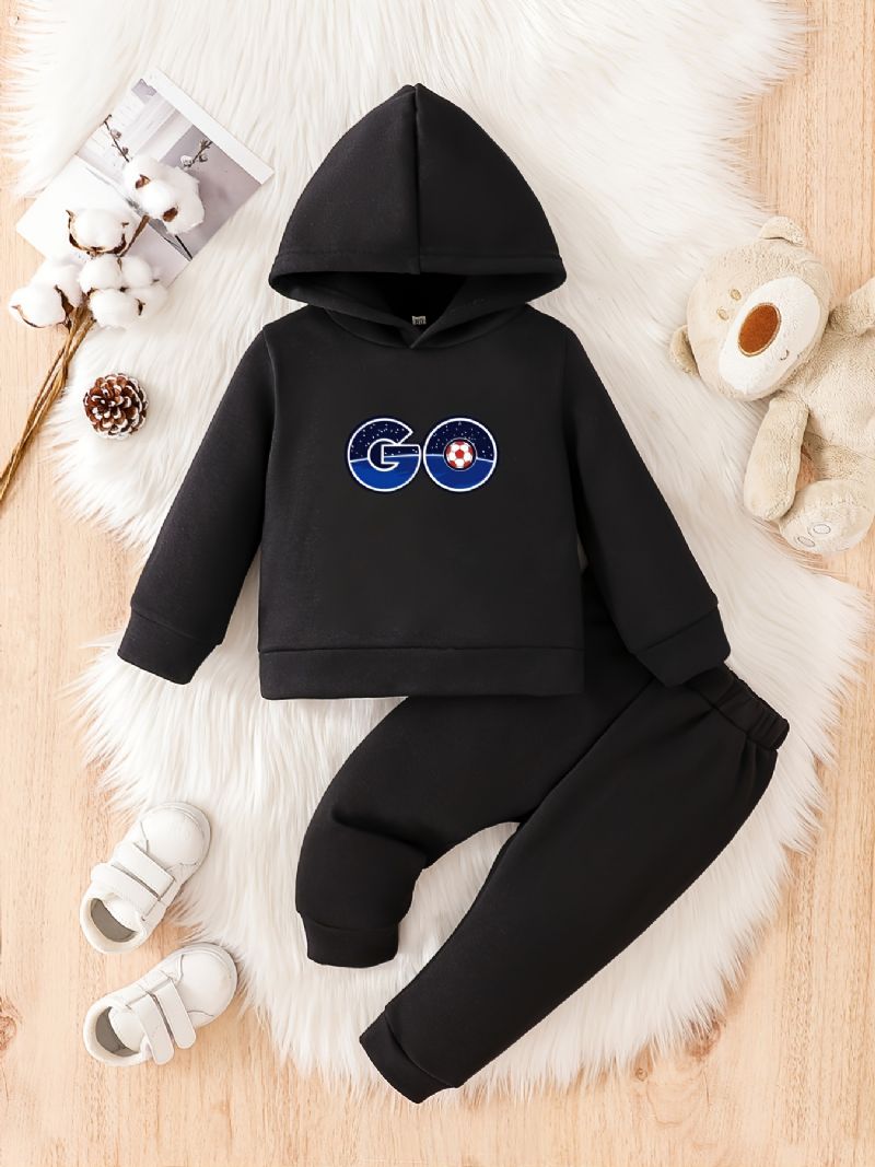 Toddler Bebis Go Print Fleece Varm Hoodie Sweatshirt Byxor Set För Pojkar Flickor Höst Vinter