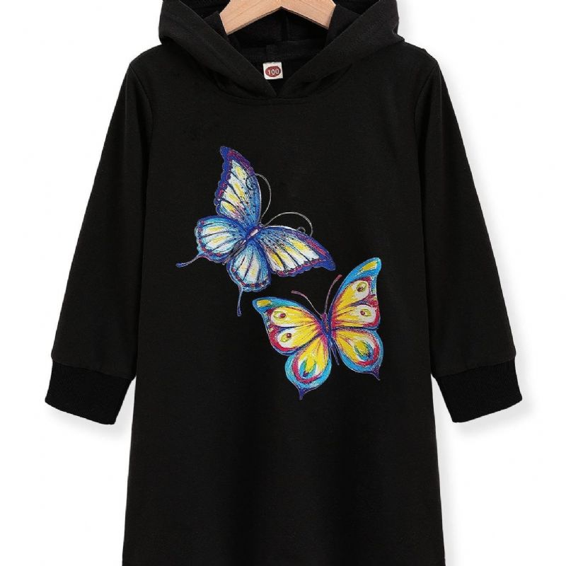 Toddler Flickor Butterfly Print Hoodie Klänning För Höst Vinter Ny