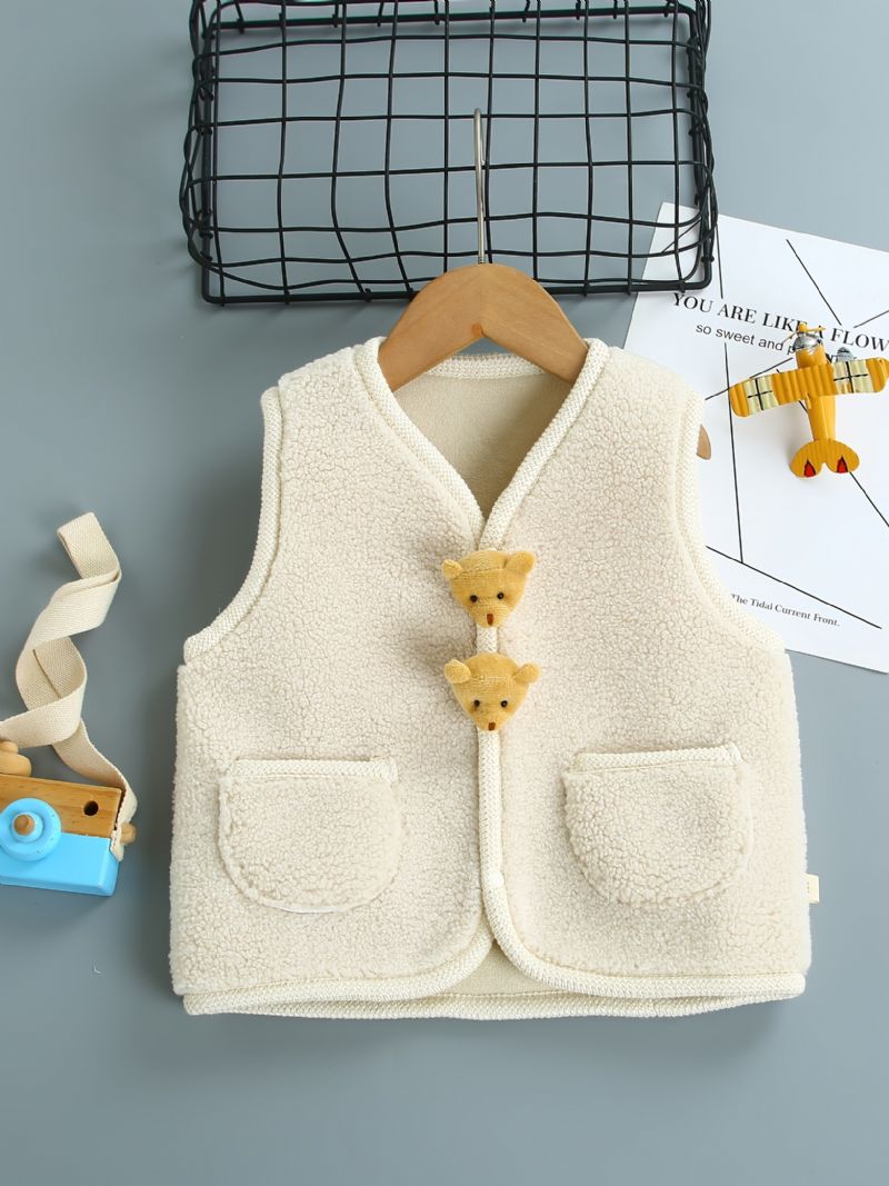 Bebis Flickor Pocket Fleece Varm Cardigan Väst Teddy Bear Dekor Barnkläder