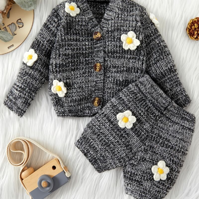 Unisex Bebis Blommig Design Stickad Tröja Cardigan + Matchande Byxa Set Bebiskläder För Vintern