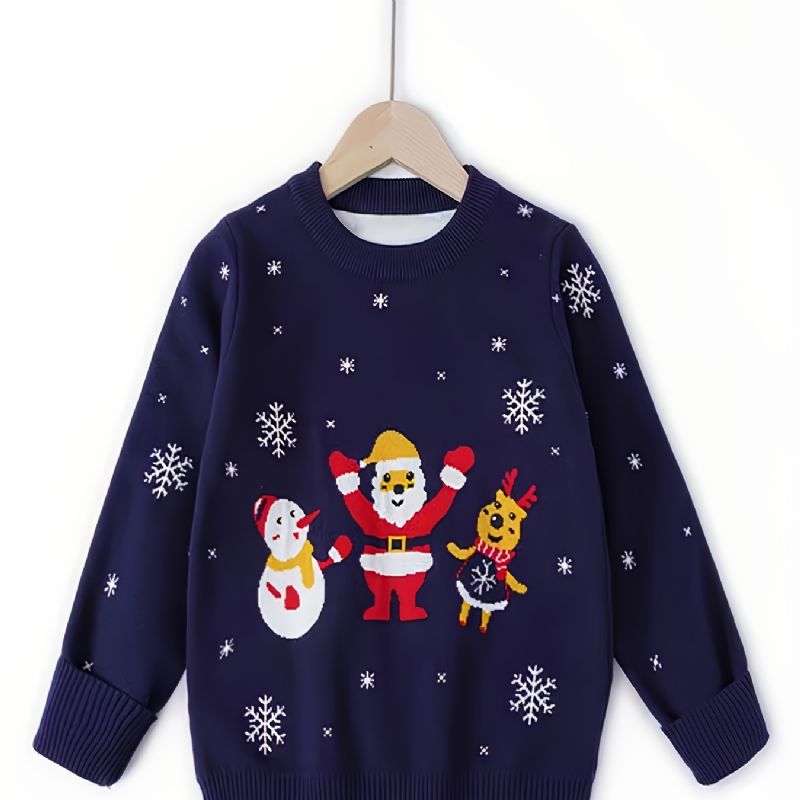 1st Flickor Casual Santa Claus Print Pullover Stickad Tröja Rundhals Långa Ärmar Termisk För Vinter Julfest