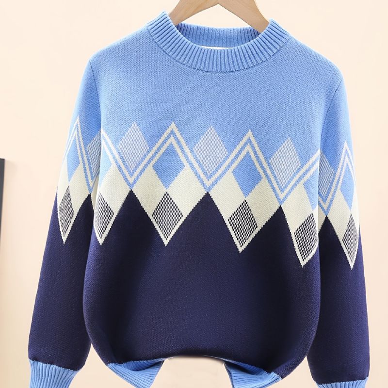 Barntröja Långärmad Rundhalsad Argyle Mönster Stickad Pullover För Pojkar Flickor Barnkläder