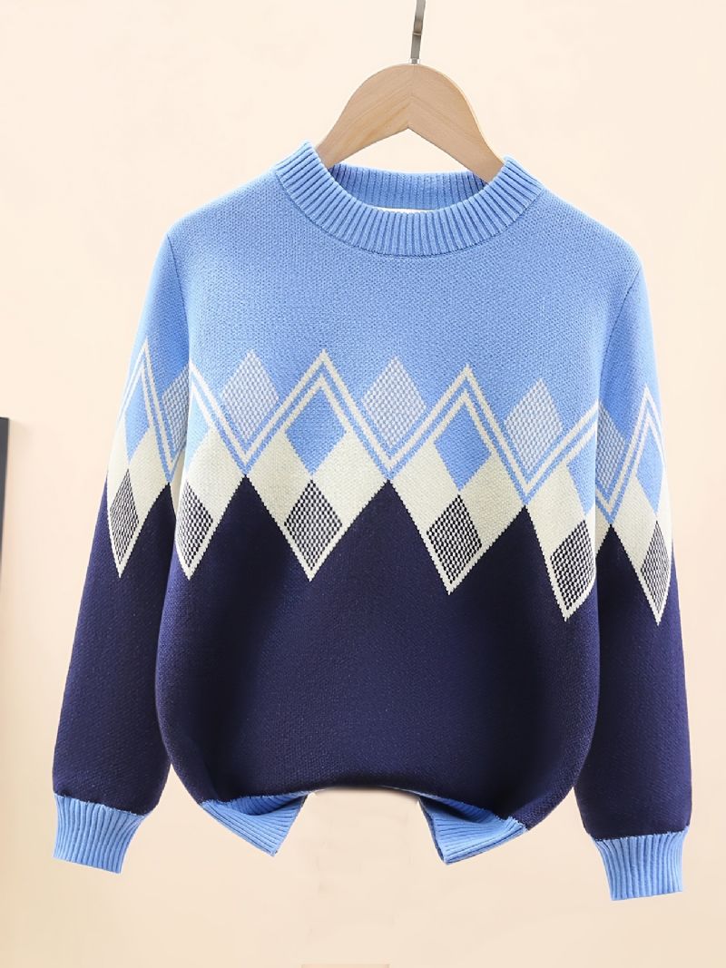 Barntröja Långärmad Rundhalsad Argyle Mönster Stickad Pullover För Pojkar Flickor Barnkläder