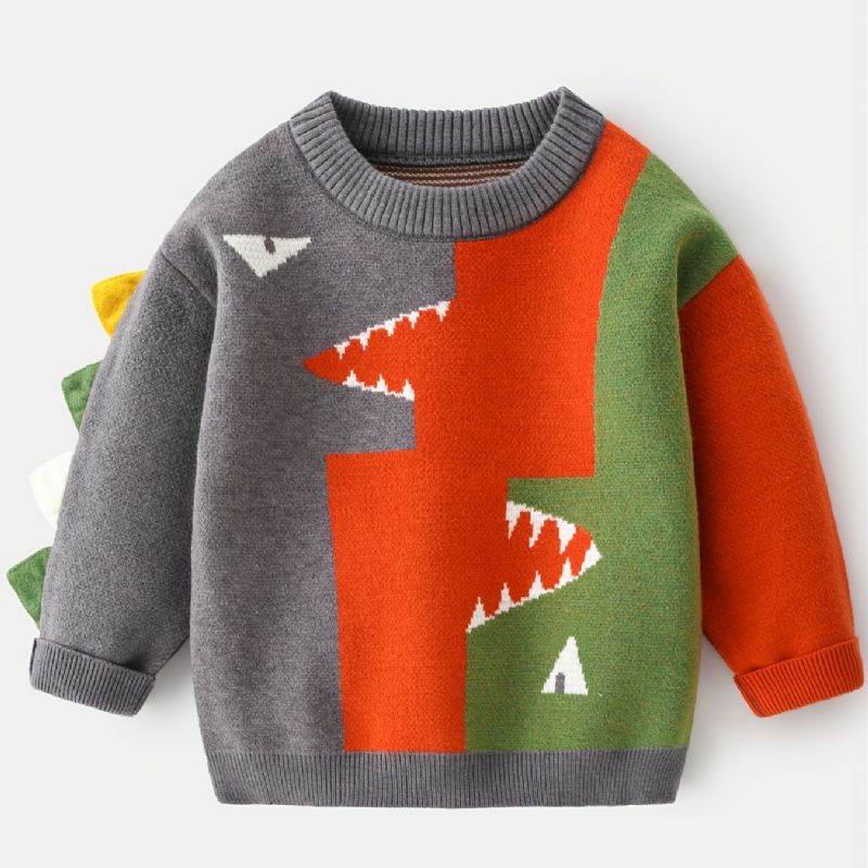 Dinosaurietröja För Pojkar Rundhalsad Långärmad Splicing Stickad Pullover Barnkläder