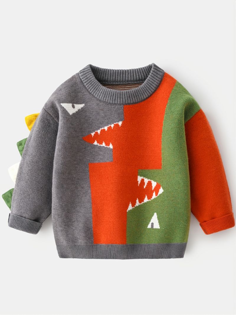 Dinosaurietröja För Pojkar Rundhalsad Långärmad Splicing Stickad Pullover Barnkläder