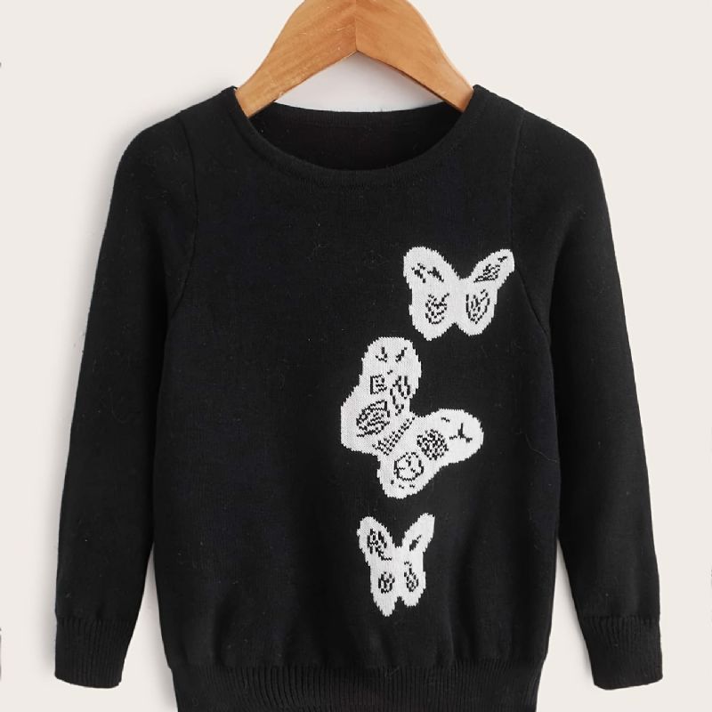 Flickor Casual Stickad Crew Neck Pullover Tröja Med Butterfly Print For Winter Black