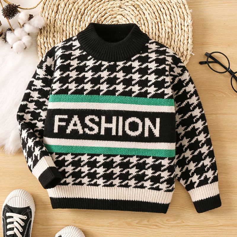 Pojkar Houndstooth Tröja Letter Rund Hals Stickad Casual Pullover