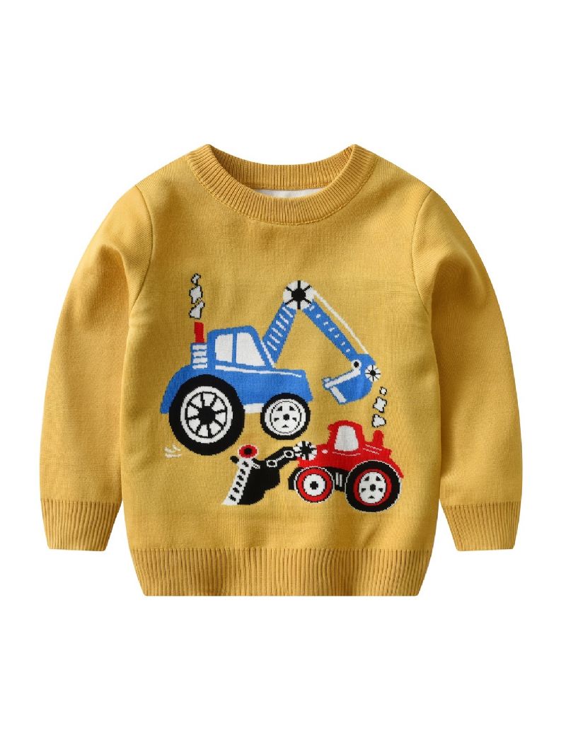 Pojktröja Colorblock Cartoon Engineering Vehicle Pattern Stickad Pullover