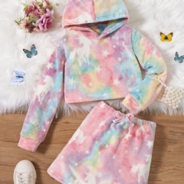 2 St Plysch Luvtröja För Flickor Tie Dye Unicorn Långärmad Tröja Sweatshirt & Kjol Set Barnkläder