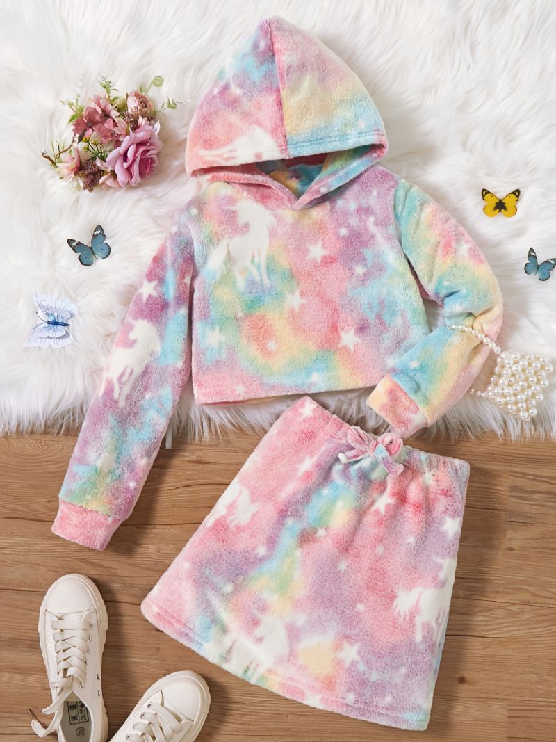 2 St Plysch Luvtröja För Flickor Tie Dye Unicorn Långärmad Tröja Sweatshirt & Kjol Set Barnkläder