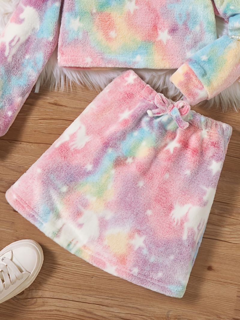 2 St Plysch Luvtröja För Flickor Tie Dye Unicorn Långärmad Tröja Sweatshirt & Kjol Set Barnkläder