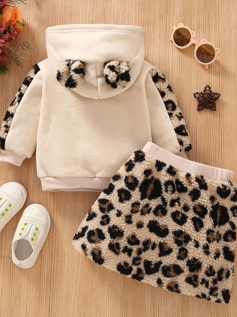 2st Bebis Flickor Polar Fleece Luvtröja Leopard Brevbroderi Topp & Kjol Set Barnkläder