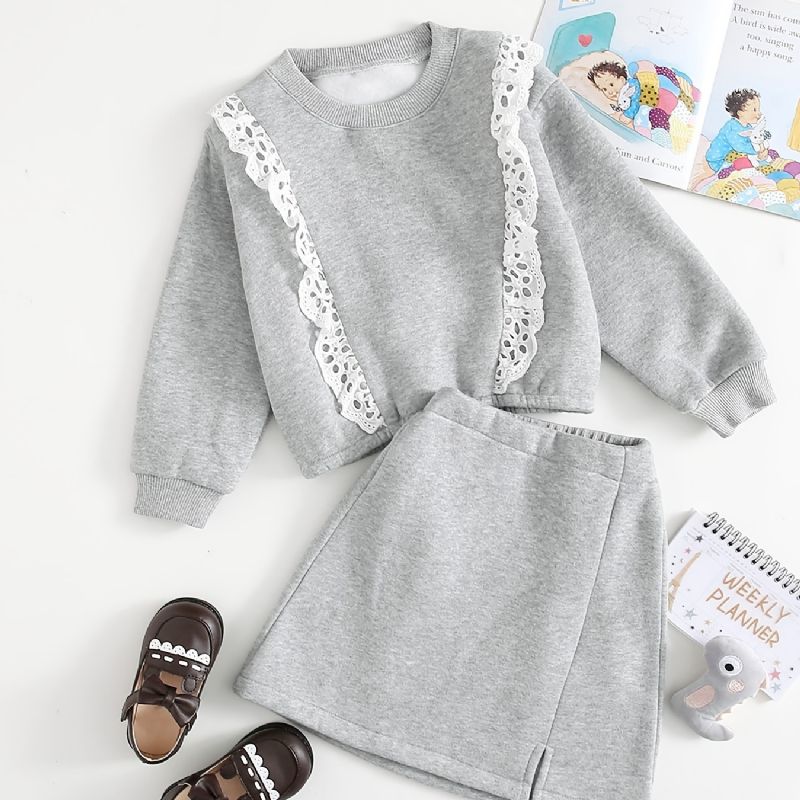 2st Bebis Flickor Spetströja Rundhalsad Långärmad Fleece Varm Sweatshirt & Kjol Set