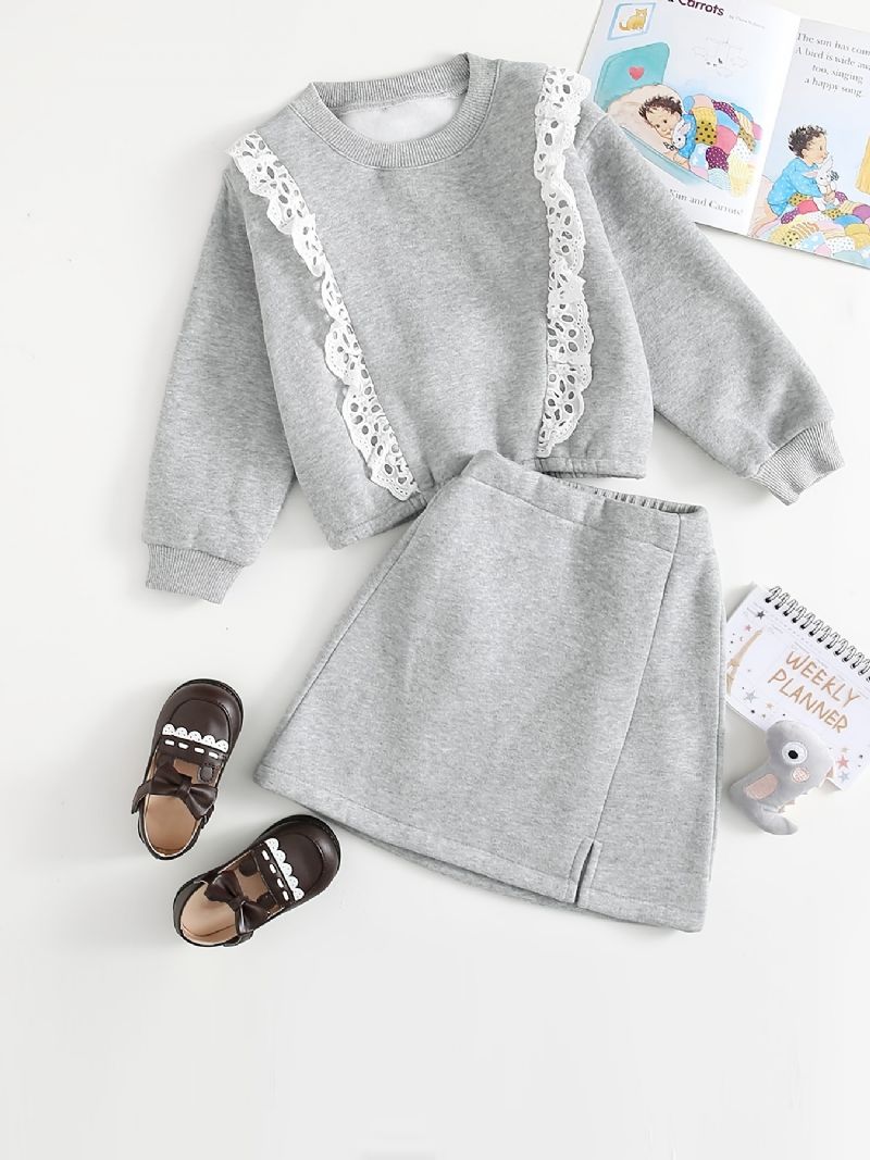 2st Bebis Flickor Spetströja Rundhalsad Långärmad Fleece Varm Sweatshirt & Kjol Set