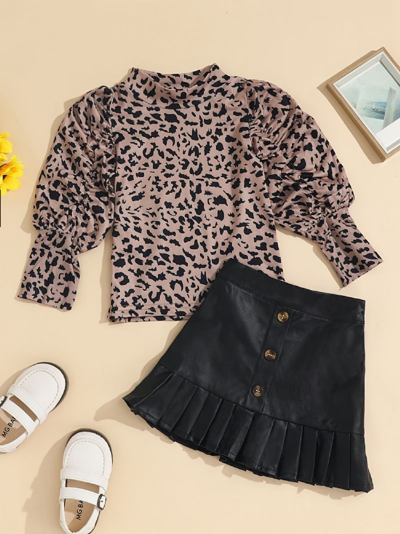 2st Flickor Elegant Leopard Print Puff Sleeve Top Svart Knapp Dekor Kjol Set Kläder