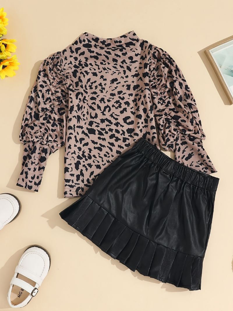 2st Flickor Elegant Leopard Print Puff Sleeve Top Svart Knapp Dekor Kjol Set Kläder