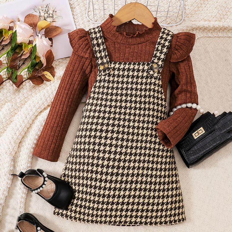 2st Flickor Elegant Sweet Houndstooth Tweed Suspender Kjol & Volang Tröja Set För Vinterfest