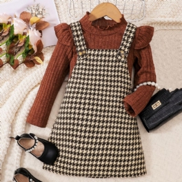 2st Flickor Elegant Sweet Houndstooth Tweed Suspender Kjol & Volang Tröja Set För Vinterfest