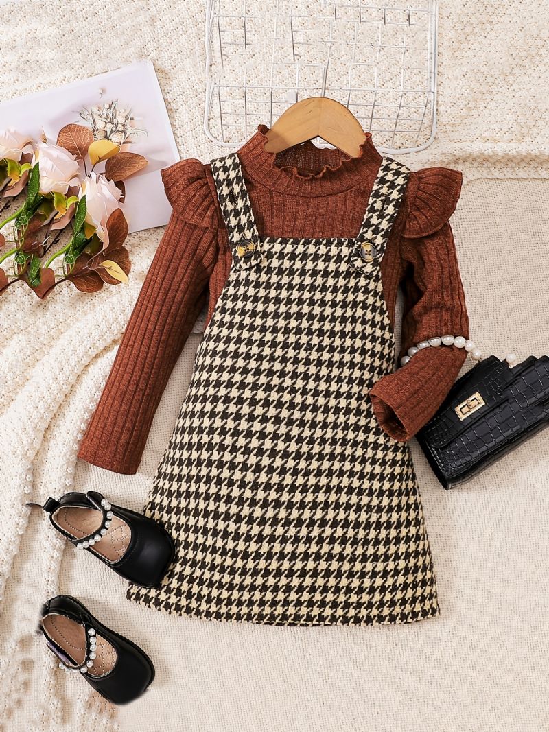 2st Flickor Elegant Sweet Houndstooth Tweed Suspender Kjol & Volang Tröja Set För Vinterfest