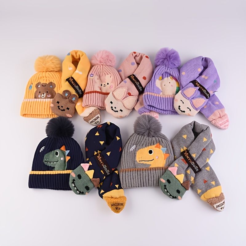 2 St Ny Höst Vinter Pojkar & Flickor Tecknad Dinosaur Print Hatt & Stickad Scarf